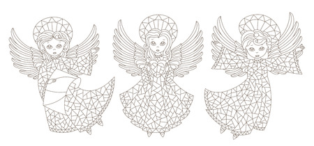 A set of stained glass angels , contour figures isolated  on a white backgroundのイラスト素材