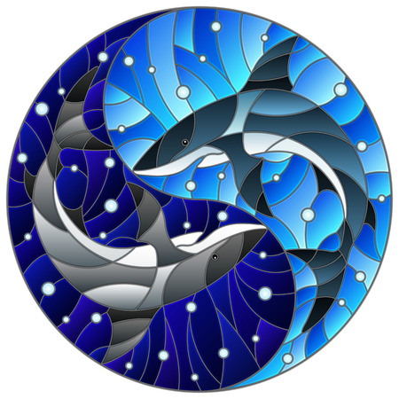 Illustration in stained glass style with two sharks on the background of water and air bubbles in the form of the Yin Yang signのイラスト素材