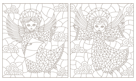 Set of contour illustrations of stained glass Windows with cute angels on a cloud sky background, dark contours on a white backgroundのイラスト素材