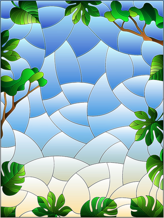 Illustration in stained glass style with abstract background image, leaves and branches, tropical plants on blue  sky backgroundのイラスト素材