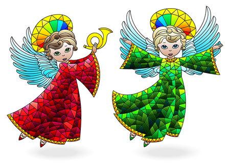 A set of stained glass  elements, cute   cartoon angels  , coloured figures on a white backgroundのイラスト素材