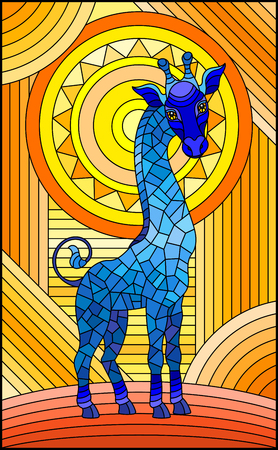 Illustration in stained glass style,  blue giraffe on  abstract orange  geometric background with sunのイラスト素材