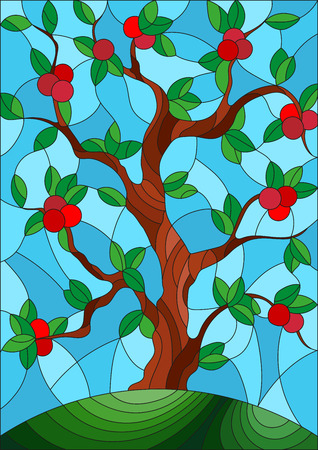 Illustration in stained glass style with an  apple tree standing alone on a hill against the skyのイラスト素材