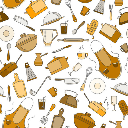 Seamless pattern on the theme of cooking and kitchen utensils, simple contour icons, beige icon  on light backgroundのイラスト素材