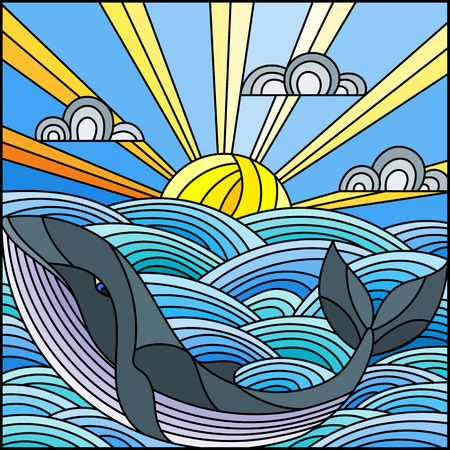 Illustration in stained glass style whale into the waves, Sunny sky and cloudsのイラスト素材