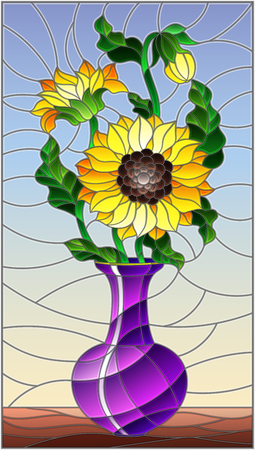 Illustration in stained glass style with floral still life, a bouquet of sunflowers in a purple vase on a blue backgroundのイラスト素材