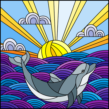 Illustration in stained glass style dolphin into the waves, Sunny sky and clouds, square imageのイラスト素材