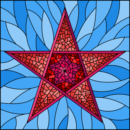 Illustration in stained glass style with abstract red five-pointed star on blue backgroundのイラスト素材