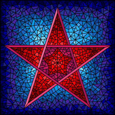 Illustration in stained glass style with abstract red five-pointed star on blue backgroundのイラスト素材