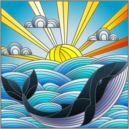 Illustration in stained glass style whale into the waves, Sunny sky and cloudsのイラスト素材