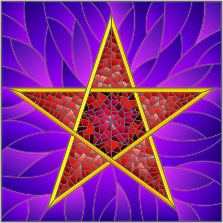 Illustration in stained glass style with abstract red five-pointed star on a purple  backgroundのイラスト素材