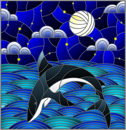 Illustration in stained glass style with shark into the waves, starry sky,moon  and cloudsのイラスト素材