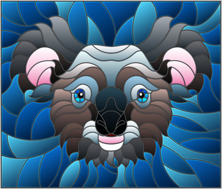 The illustration in stained glass style painting with a koala bear head , on blue background, square imageのイラスト素材