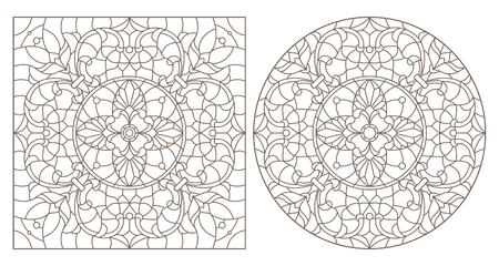 Set of contour illustrations with abstract floral patterns, round and square image, dark contours on white backgroundのイラスト素材
