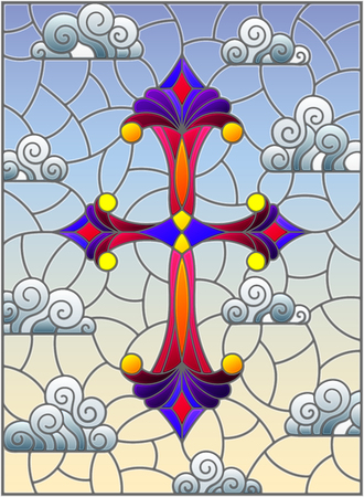 Illustration in stained glass style with bright cross on a background of blue sky and cloudsのイラスト素材