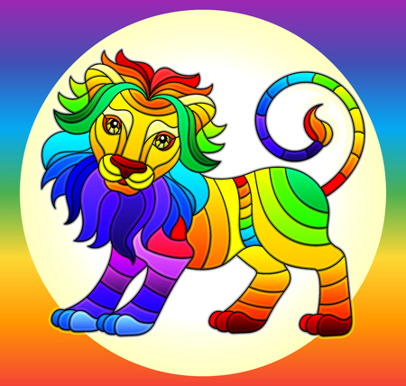 Illustration in stained glass style with bright rainbow cute lion cub on a rainbow backgroundのイラスト素材