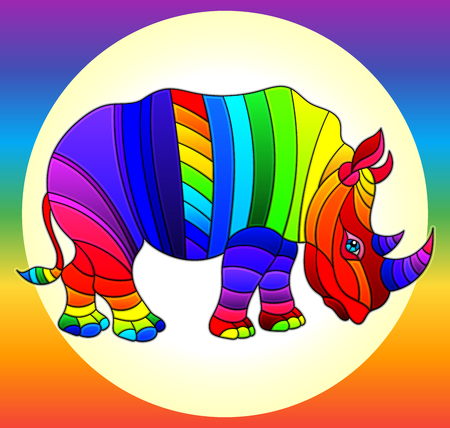Illustration in stained glass style with bright rainbow cute rhino on a rainbow backgroundのイラスト素材