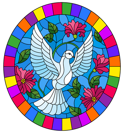 Illustration in stained glass style with flying white dove on  background of pink flowers , oval picture in bright frameのイラスト素材