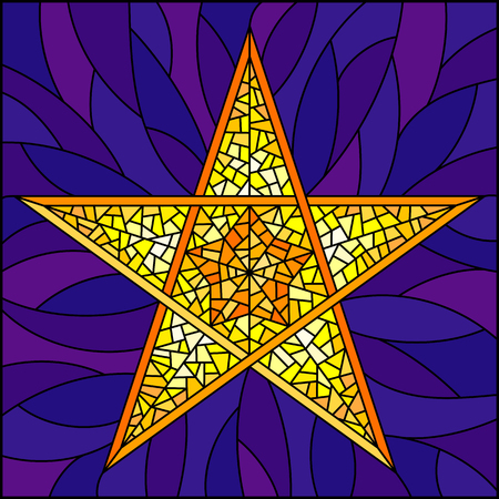 Illustration in stained glass style with abstract yellow five-pointed star on blue backgroundのイラスト素材