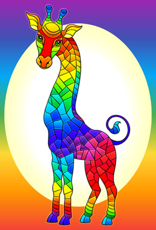 Illustration in stained glass style with bright rainbow cute giraffe on a rainbow backgroundのイラスト素材