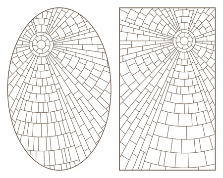 Set of contour illustrations in stained glass style with abstract celestial landscapes, dark contours on white backgroundのイラスト素材