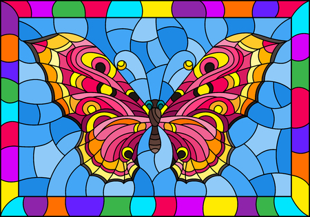Illustration in stained glass style with bright pink butterfly on a blue background in a bright frameのイラスト素材