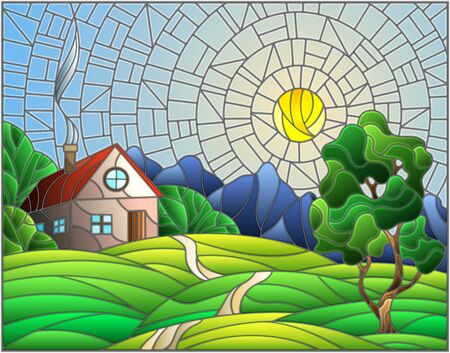 Illustration in stained glass style landscape with a lonely house amid field,sun and skyのイラスト素材
