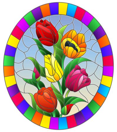 Illustration in stained glass style with a bouquet of colorful tulips on a blue background, oval image in bright frameのイラスト素材