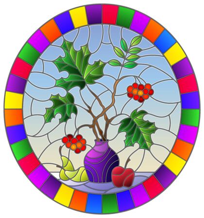 Illustration in stained glass style with still life, Bouquet of branches of viburnum in ceramic vase and yellow pears on a blue background,oval image in bright frameのイラスト素材