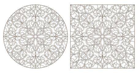 Set of contour illustrations with abstract floral patterns, round and square image, dark contours on white backgroundのイラスト素材