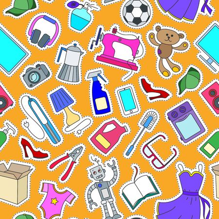 Seamless pattern on a theme of products and shopping, simple purchase icons, color patch  icons on orange backgroundのイラスト素材
