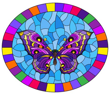 Illustration in stained glass style with bright purple butterfly on blue background, oval picture in bright frameのイラスト素材