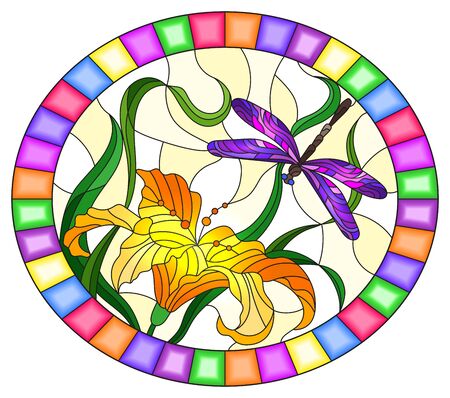 Illustration in stained glass style with bright purple dragonfly against the sky, foliage and flower of  orange Lily, oval image in bright frameのイラスト素材