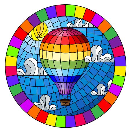 Illustration in stained glass style with balloon on sky, sun and clouds background, oval picture in bright frameのイラスト素材