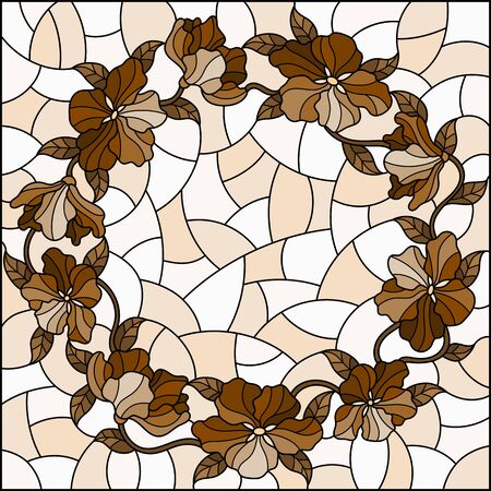 Illustration in stained glass style with  flowers in a circle ,brown tone,Sepiaのイラスト素材