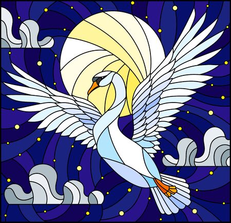 Illustration in stained glass style with flying white Swan on the background of starry sky, moon and cloudsのイラスト素材