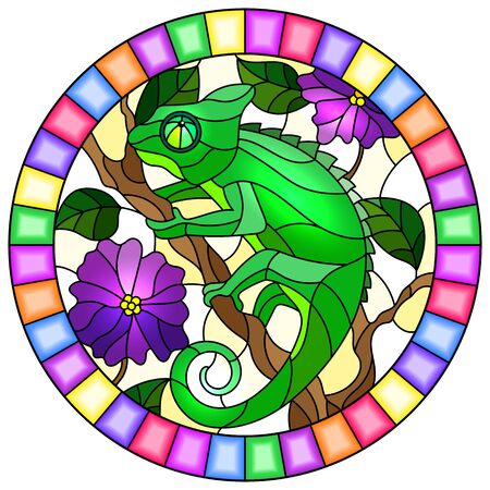 Illustration in stained glass style with bright green chameleon on plant branches background with leaves and flowers on light background,round image in bright frameのイラスト素材