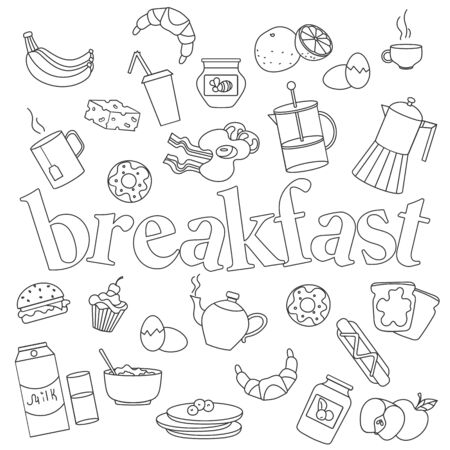 Icons set of patches on the subject of Breakfast and the food, simple contour icons  on a blue backgroundのイラスト素材