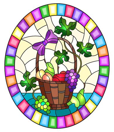 The illustration in stained glass style painting with a still life, fruit basket,  and fruits on a yellow background, oval image in bright frameのイラスト素材