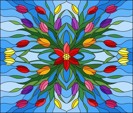 Illustration in stained glass style with floral arrangement, colorful tulips on a blue backgroundのイラスト素材
