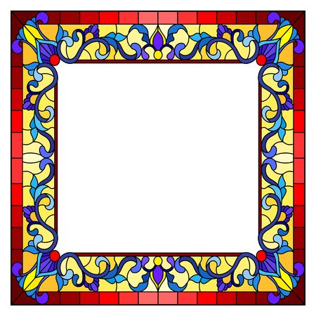 Illustration in stained glass style flower frame, bright flowers and  leaves in red  frame on a white backgroundのイラスト素材
