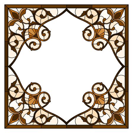 Illustration in stained glass style flower frame,  flowers and  leaves in frame, tone brown, sepiaのイラスト素材