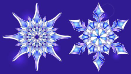Snowflakes set in a stained glass style, light snowflakes on a blue backgroundのイラスト素材