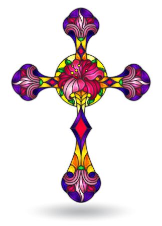 The illustrations in the stained glass style with of Christian cross with pink flowers, isolated on a white backgroundのイラスト素材