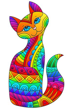 Set of stained glass elements with rainbow cat , isolated image on white backgroundのイラスト素材