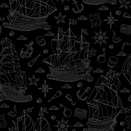 Seamless pattern on the theme of sea travel, sailboats and ship's tackle, light contour on black backgroundのイラスト素材