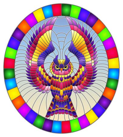 Illustration in stained glass style with abstract  bright owl flying on sky background, oval image in bright frameのイラスト素材