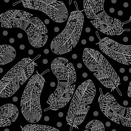 Seamless pattern with abstract lace feathers, light outlines on dark backgroundのイラスト素材