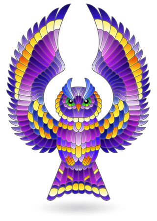 Illustration in stained glass style with abstract purple owl, bright bird  isolated on white backgroundのイラスト素材