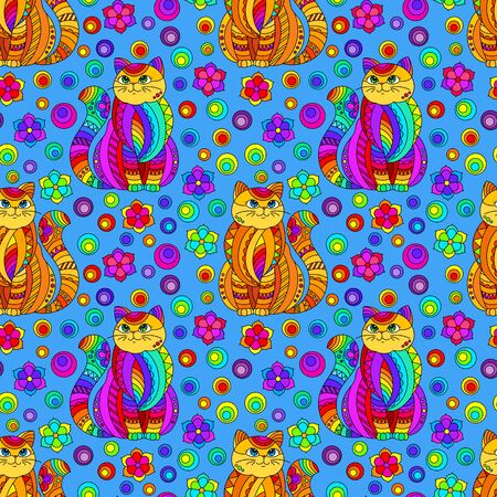 Seamless pattern with bright cats and flowers in stained glass style on a blue backgroundのイラスト素材